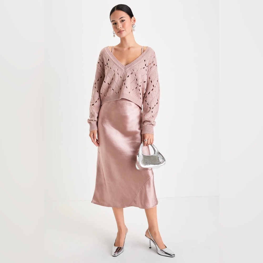 Divine Pairing Mauve Lurex Sweater & Satin Slip Dress Set